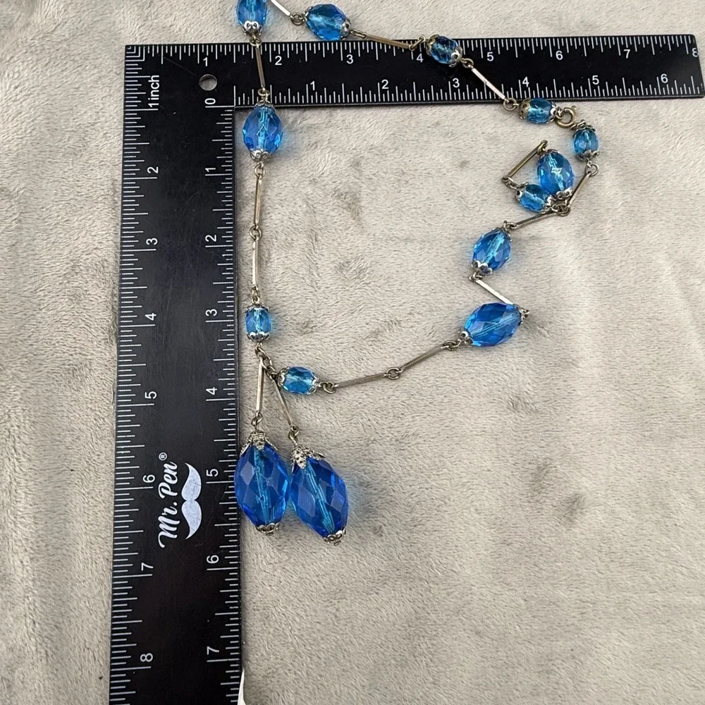 Vintage Statement Necklace Silver‎ Tone Blue Rhinestone 22